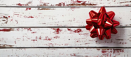 Gift bow placed on a white wooden backdrop with room for additional images.