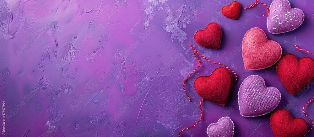 Poster top view of red and pink hearts on a purple background for valentine's day, with a flat lay style an