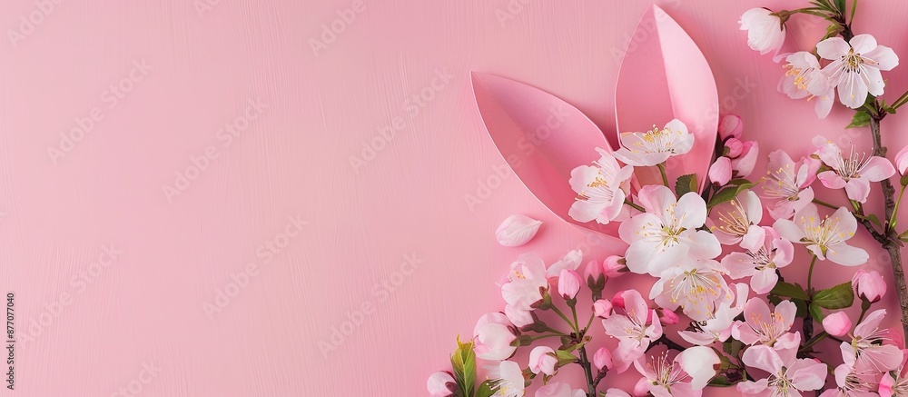 Poster pink paper rabbit ears and a round bouquet of fresh cherry or apple blossoms on a pink background cr