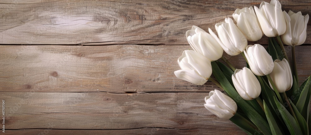 Aufkleber a stylish white tulip arrangement displayed beautifully on a rustic wooden table against a beige bac