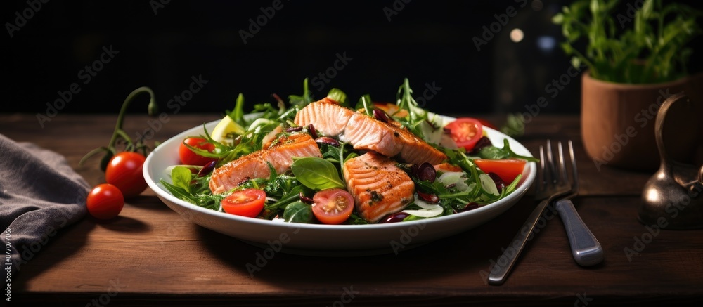 Poster salmon salad with cherry tomatoes on a plate placed on a gray surface with a wooden stand, accompani