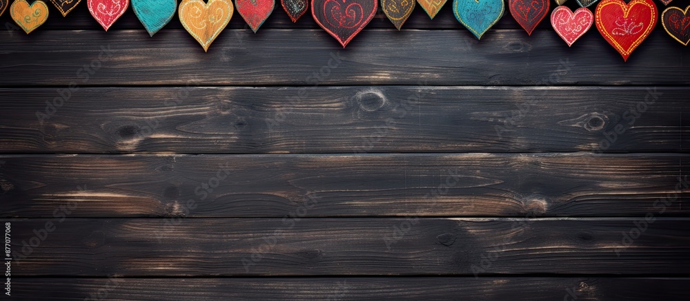 Poster vintage wooden background with decorative hearts and an empty blackboard, featuring selective focus 