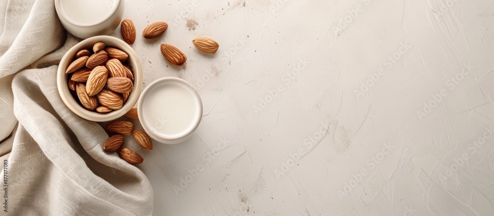 Poster almond nut and milk neatly arranged on a table with plenty of copy space image.