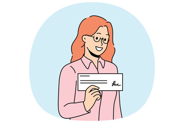 Woman with paycheck in hand smiles demonstrating financial document confirming receipt of salary or bonus. Signed paycheck in hands of businesswoman who closed deal and received payment from buyer