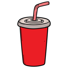 Hand drawn cartoon red plastic disposable cup takeaway cup with straw on white background.