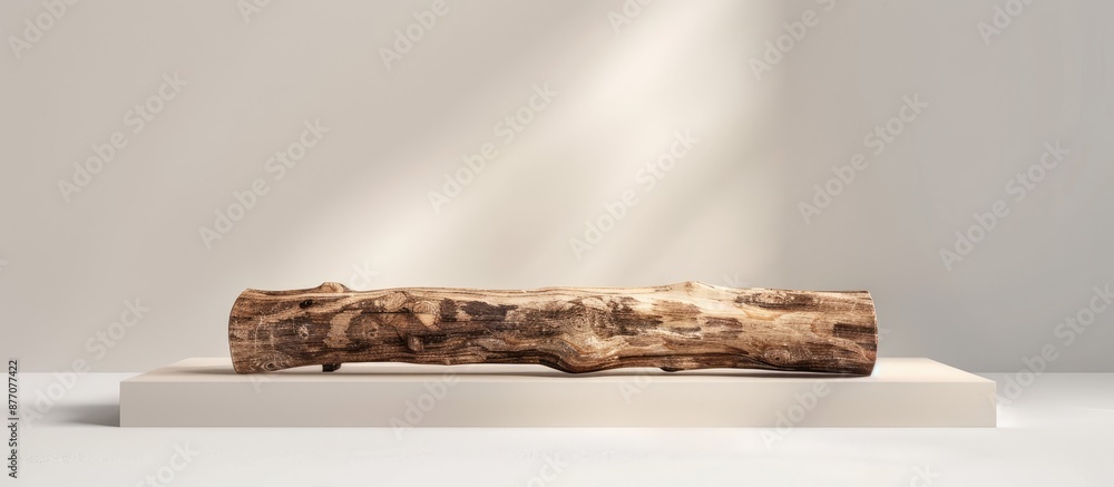 Leinwandbilder Rustic wooden log podium on a light studio backdrop with a minimal display for product presentation with copy space image.