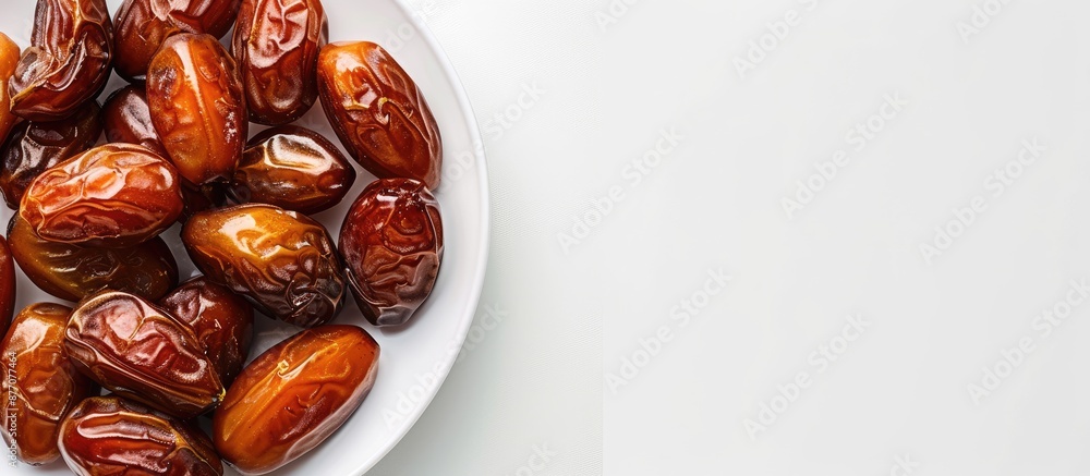 Poster Fresh dates displayed on a white plate against a white background with ample copy space image.