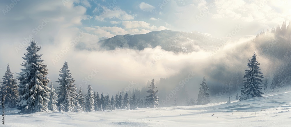 Poster scenic mountain blizzard with clouds, fog, and trees in mist on a snow-covered meadow on a cold wint