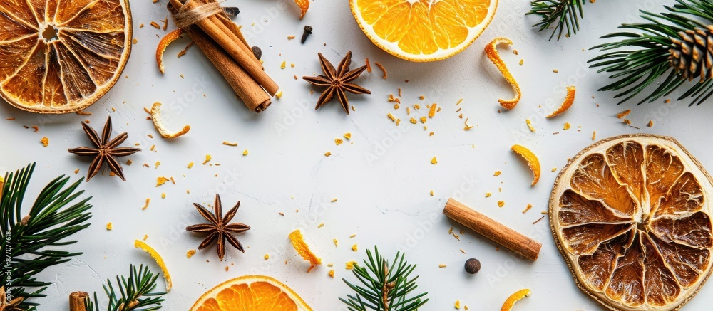 Poster a christmas-themed frame consisting of dried oranges, spices, cinnamon sticks, and coniferous branch