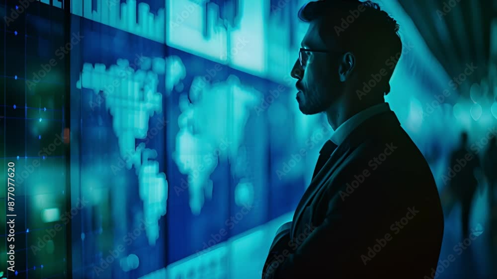 Aufkleber A man in a suit stands in front of a wall of large screens, observing data that appears to show global trends and statistics.