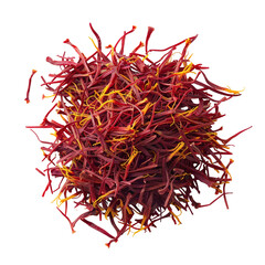 Naklejka premium Close-up of fresh saffron threads isolated on a white background. The vibrant red and yellow strands of this expensive spice are used in cooking for their unique flavor and color.