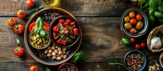 Rustic ceramic plate with Mediterranean food ingredients, with room for text or other images.