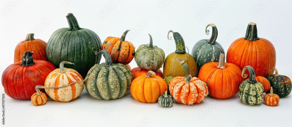 Aufkleber Various pumpkins arranged in front of a blank backdrop create a visually appealing copy space image.