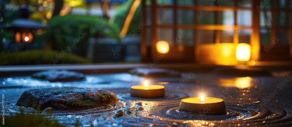 Poster peaceful japanese zen garden featuring three candle lights casting a serene glow, creating a tranqui