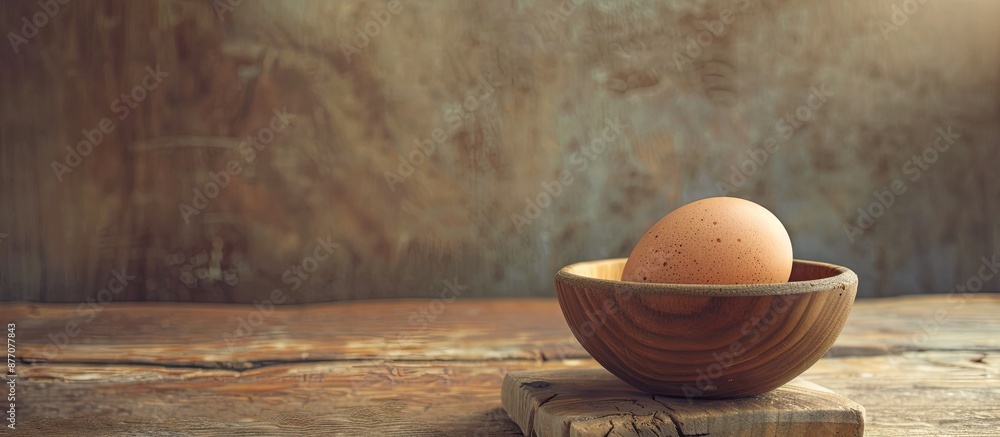 Poster wooden bowl with a chicken egg on a table with ample space for a copy space image.