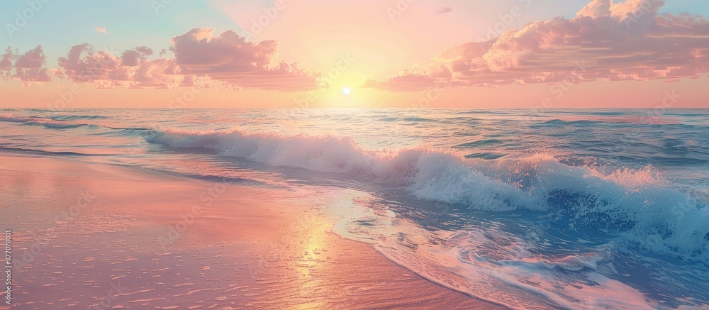 Poster a beautiful beach scene with waves softly touching a sand bar under a stunning sunset backdrop, perf