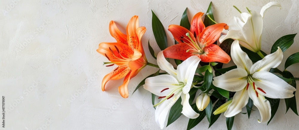 Poster a floral arrangement featuring lilies on a white table with copy space for text, emphasizing the flo