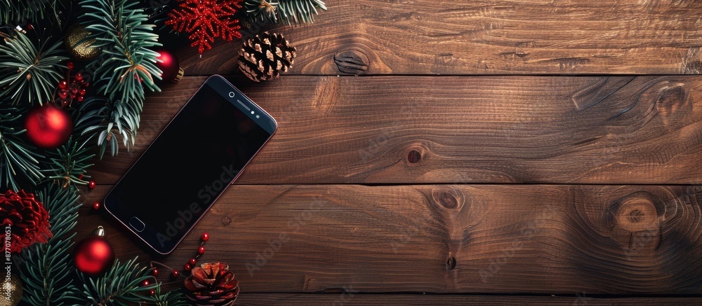 Poster new year decoration with a smartphone placed on a wooden table with a generic copy space image.