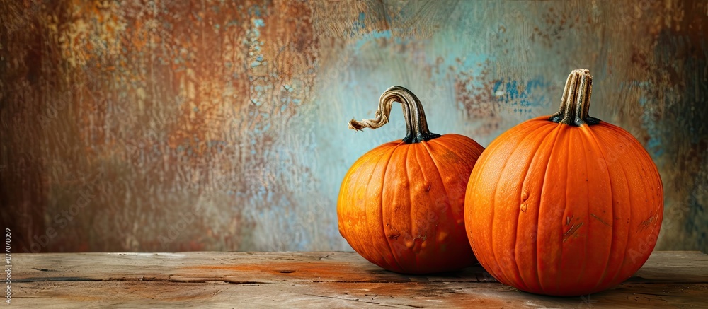 Poster two pumpkins in orange hues set against a rustic background with brown and blue tones, providing amp