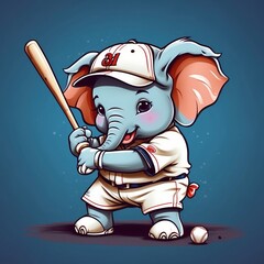 Cute baby elephant baseball player Vector Logo little animal character, illustration simbol print