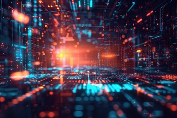 A dark room filled with numerous blue and red lights