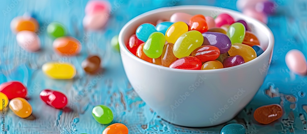 Poster a white bowl filled with colorful jelly beans on the table, creating a vibrant and festive copy spac