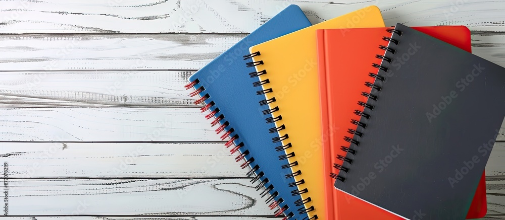 Poster notebooks arranged on a white wooden surface with ample copy space image.