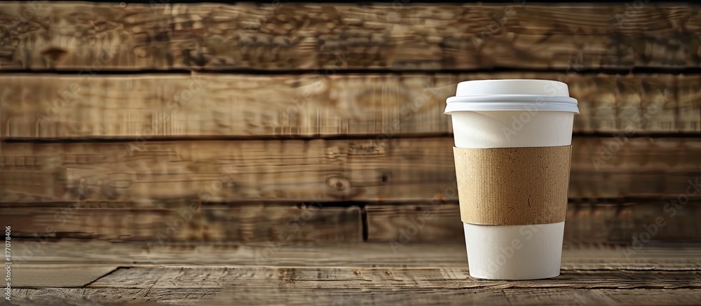 Poster coffee to-go cup placed on wooden surface with room for text or advertisement in the background.