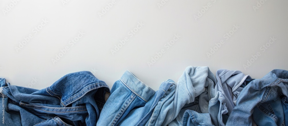 Wall mural A collection of blue denim jeans in different shades on a white background with ample copy space image.