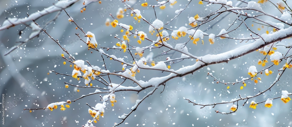 Poster snow-covered tree branches with striking yellow flowers create a stunning winter scene with a captiv