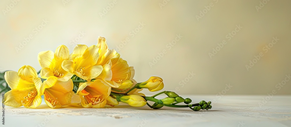 Poster indoor table displays lovely yellow freesia flowers with room for a text overlay on a copy space ima