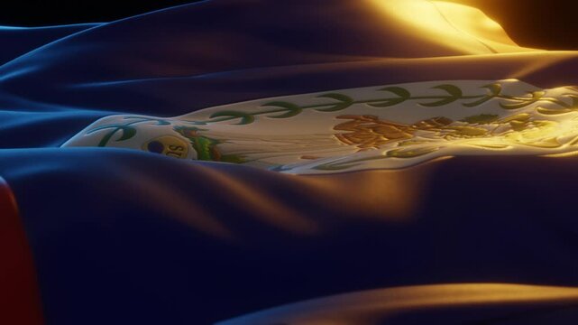 Belize Flag, Close up, Low Side Angle with Warm Atmospheric Lighting, 3d render	
