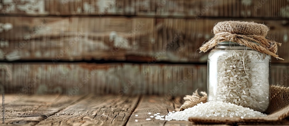 Poster Rice grains displayed in a glass jar, set against a rustic wooden backdrop with ample white space for text or images--a versatile copy space image.