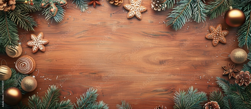 Aufkleber rustic wooden board adorned with fir branches, christmas ornaments, and cookies, forming a festive h