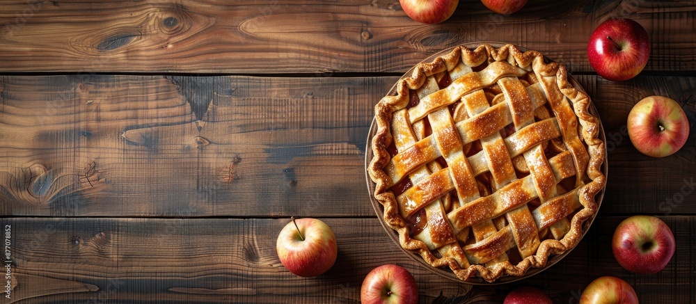 Poster Apple pie resting on a wooden table in a flat lay view with copy space image.