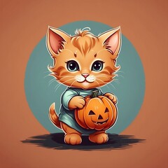 Obraz premium Cute kitten halloween pumpkin Vector Logo little animal character, illustration simbol print