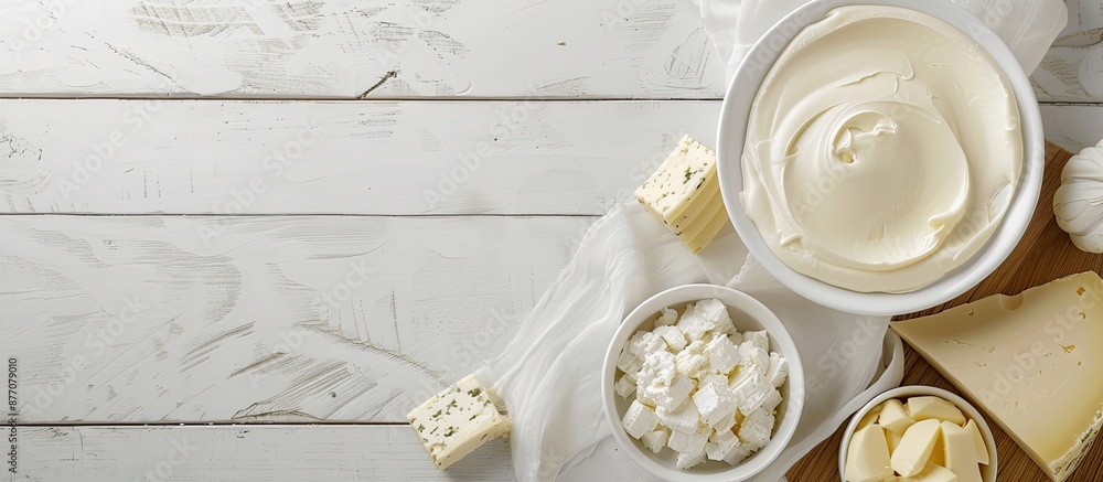 Poster Dairy product samples displayed on a white wood table with copy space image available.