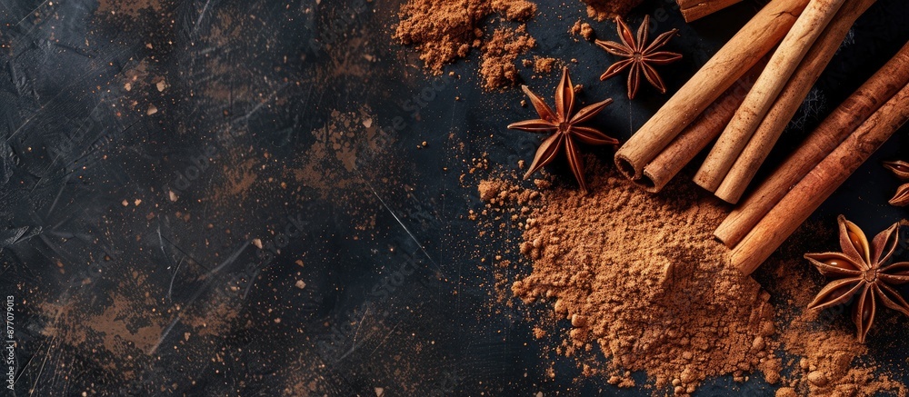Poster Cinnamon sticks and ground powder in a setting with empty space for additional elements in the image.