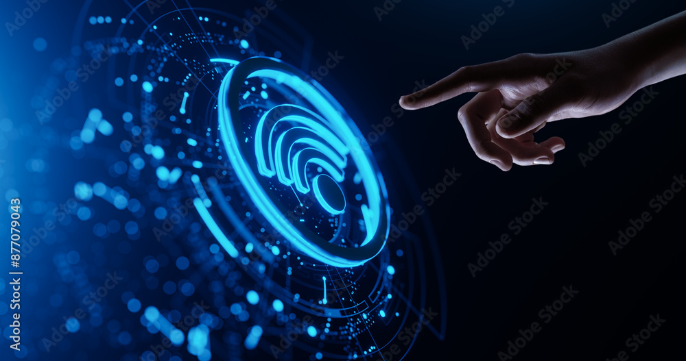 Poster human hand presses a virtual button on screen with wi-fi icon. network and wireless technology conce