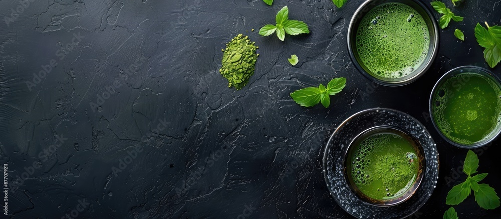 Aufkleber top view of a black background displaying a bowl of matcha tea powder beside cups filled with the dr