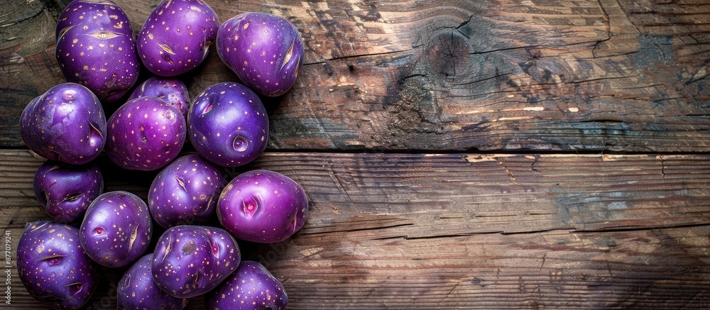 Poster Top view of vibrant purple potatoes on rustic wood surface with ample copy space image.