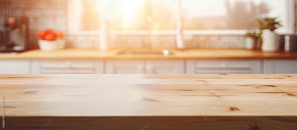 Poster blurry kitchen room serves as background with table top and copy space image.