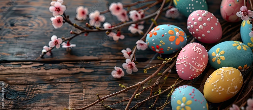 Poster holiday background with easter eggs displayed on a wooden table, providing a perfect copy space imag