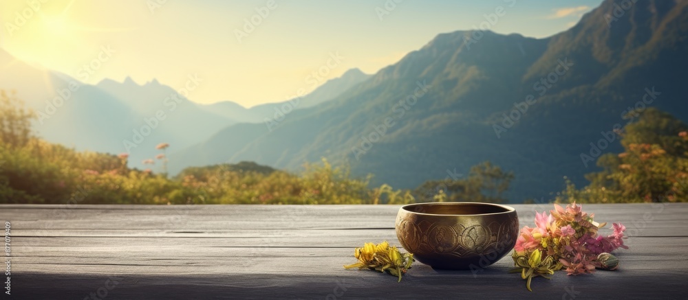 Poster A golden singing bowl and a flower arranged on a wooden table with a scenic mountain backdrop, creating a serene setting with room for adding text alongside the image.