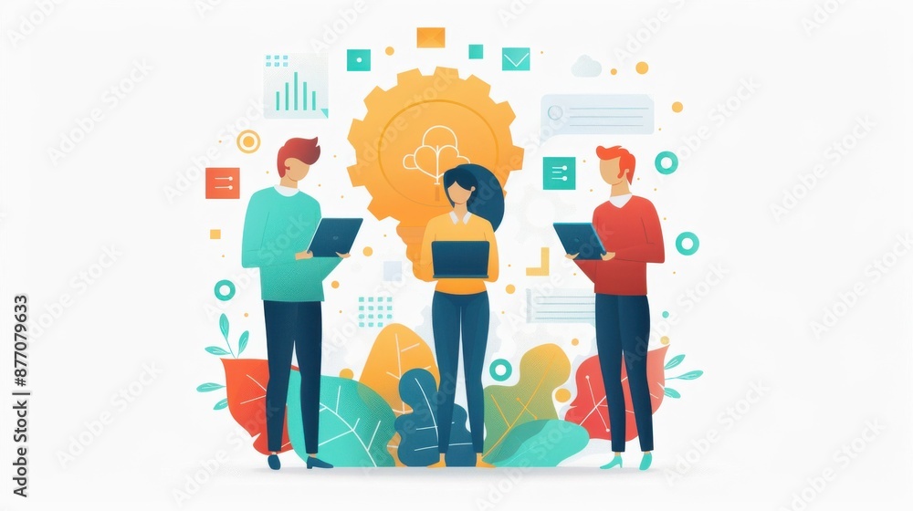 Poster problem-solving workshop, team tackling complex issues, flat design illustration