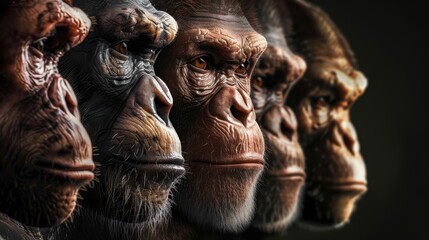 Human evolution. A study of the sequence of biological evolution of Homo sapiens. monkey, ape, ancient humans, modern humansShadows reflecting light when the sun sets. Silhouette concept generative ai
