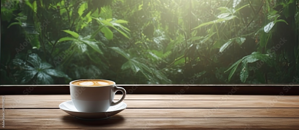 Aufkleber a single cup of coffee on a wooden table, positioned close to a window with empty space for an image