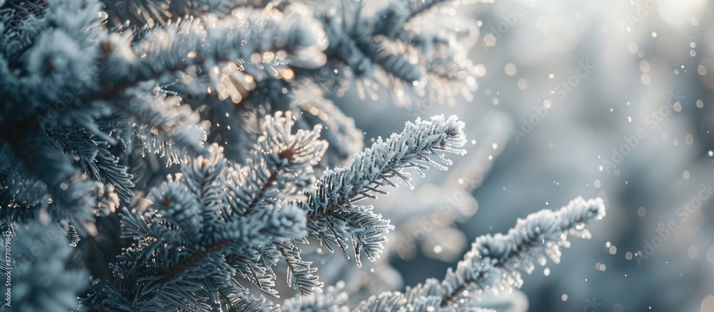 Fototapete selective focus image of winter-covered trees and plants, creating a natural scene with copy space i