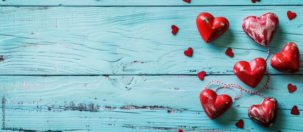 Poster valentine's day-themed mock-up with heart-shaped accessories on a pretty blue wooden table, perfect 