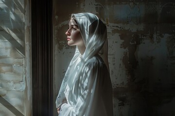 A woman wearing a white robe stands in front of a window